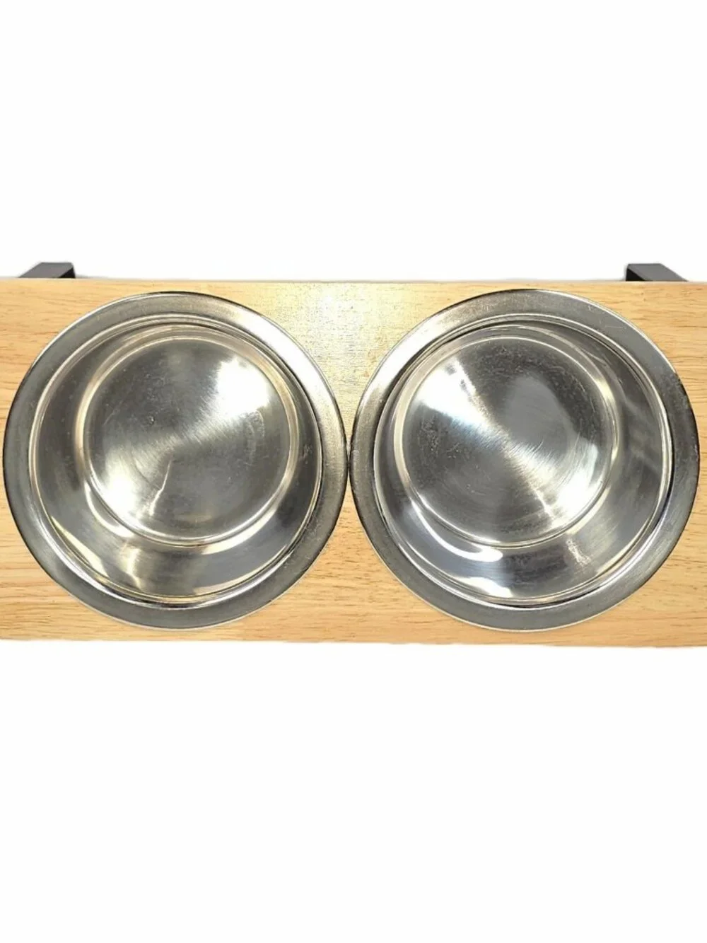 Elevated Double Cat Dog Bowls Wooden 15° Tilted Raised Stand Stainless Steel